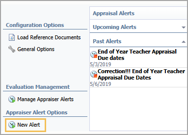 Configuration options for appraisal alerts, including new alert and past alerts sections.